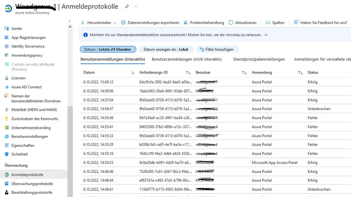 Screenshot Anmeldeprotokolle